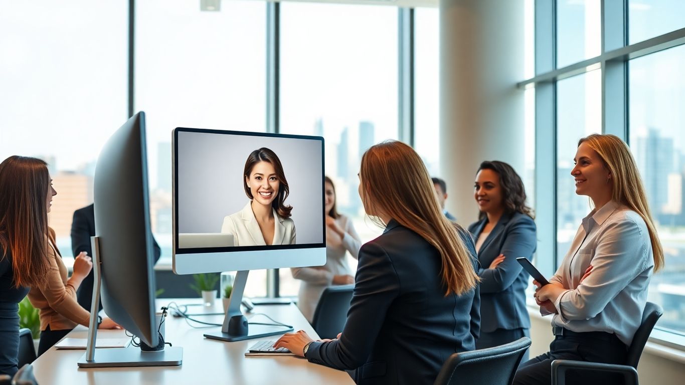 Virtual receptionist helping business team in modern Cincinnati office.