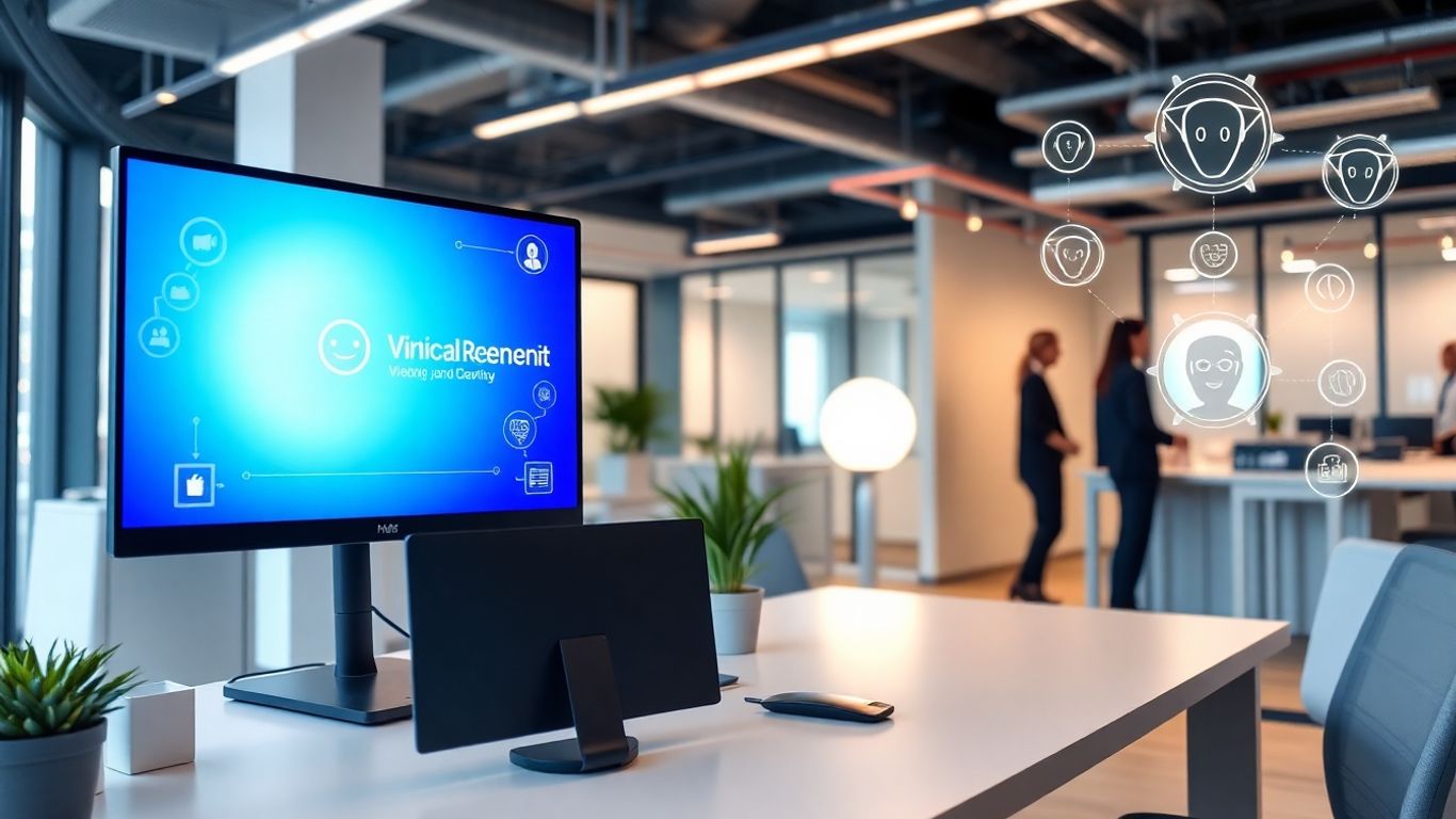 Virtual receptionist assisting business professionals in modern Atlanta office