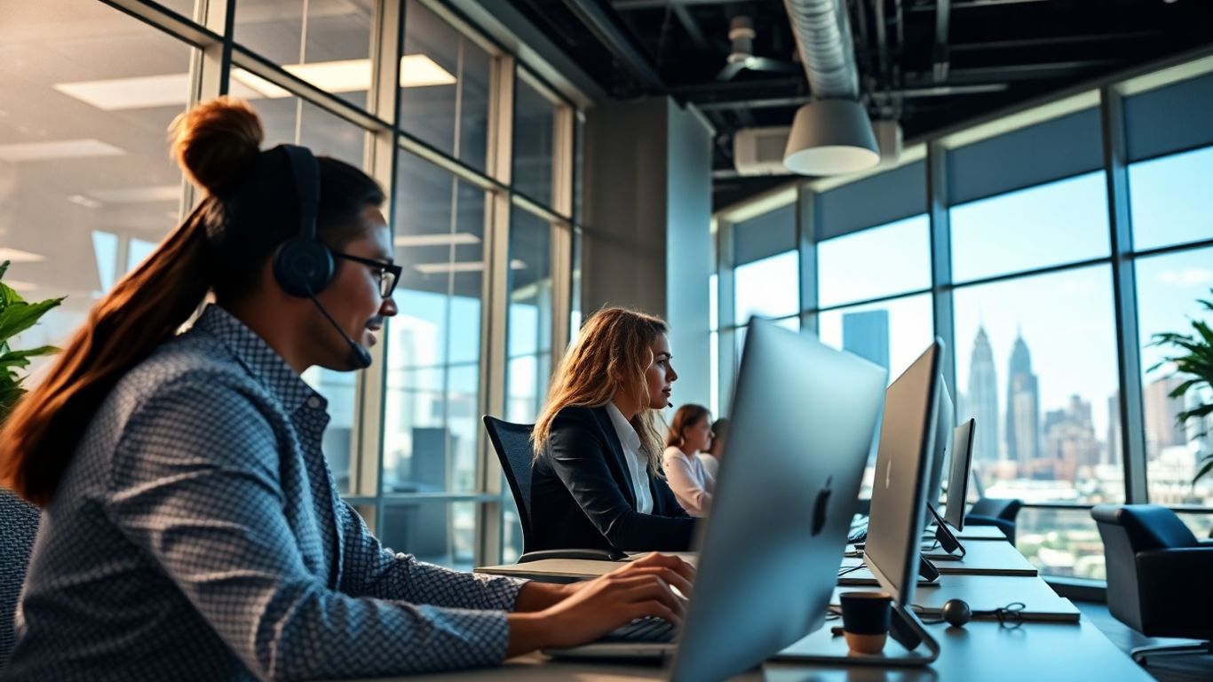 Atlanta office team with virtual receptionist assisting clients