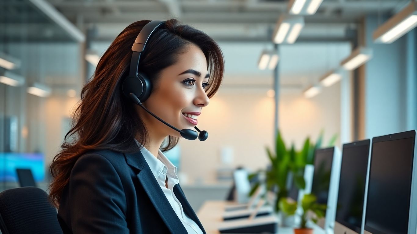 Receptionist with headset answering phone in modern office