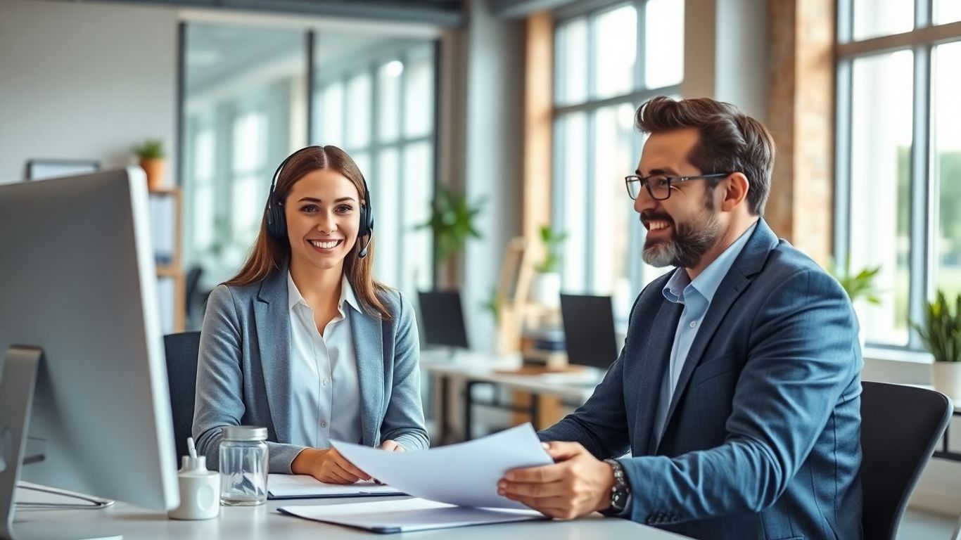 Virtual receptionist assisting business owner in modern office