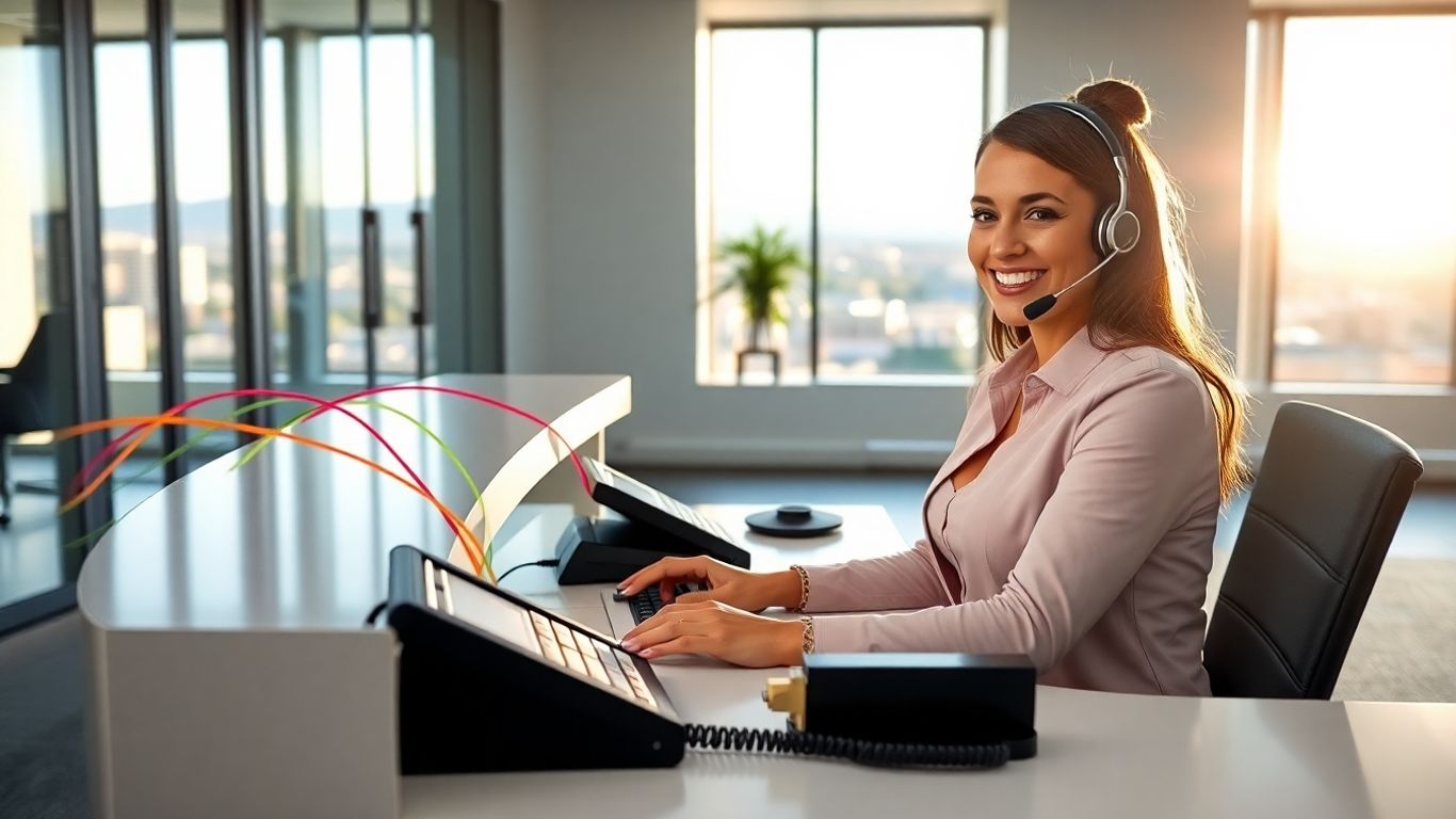Receptionist routing calls in modern Albuquerque office