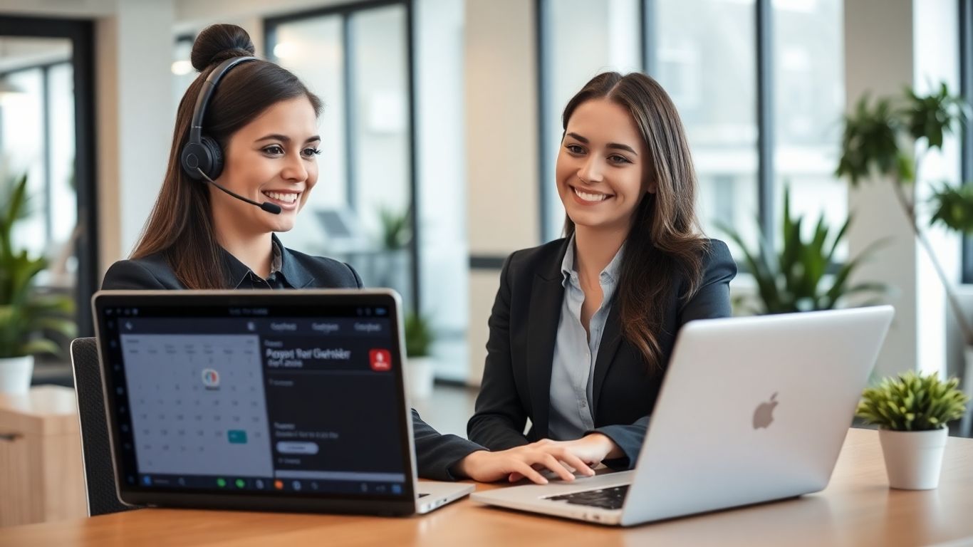 Virtual receptionist scheduling appointments on laptop in office