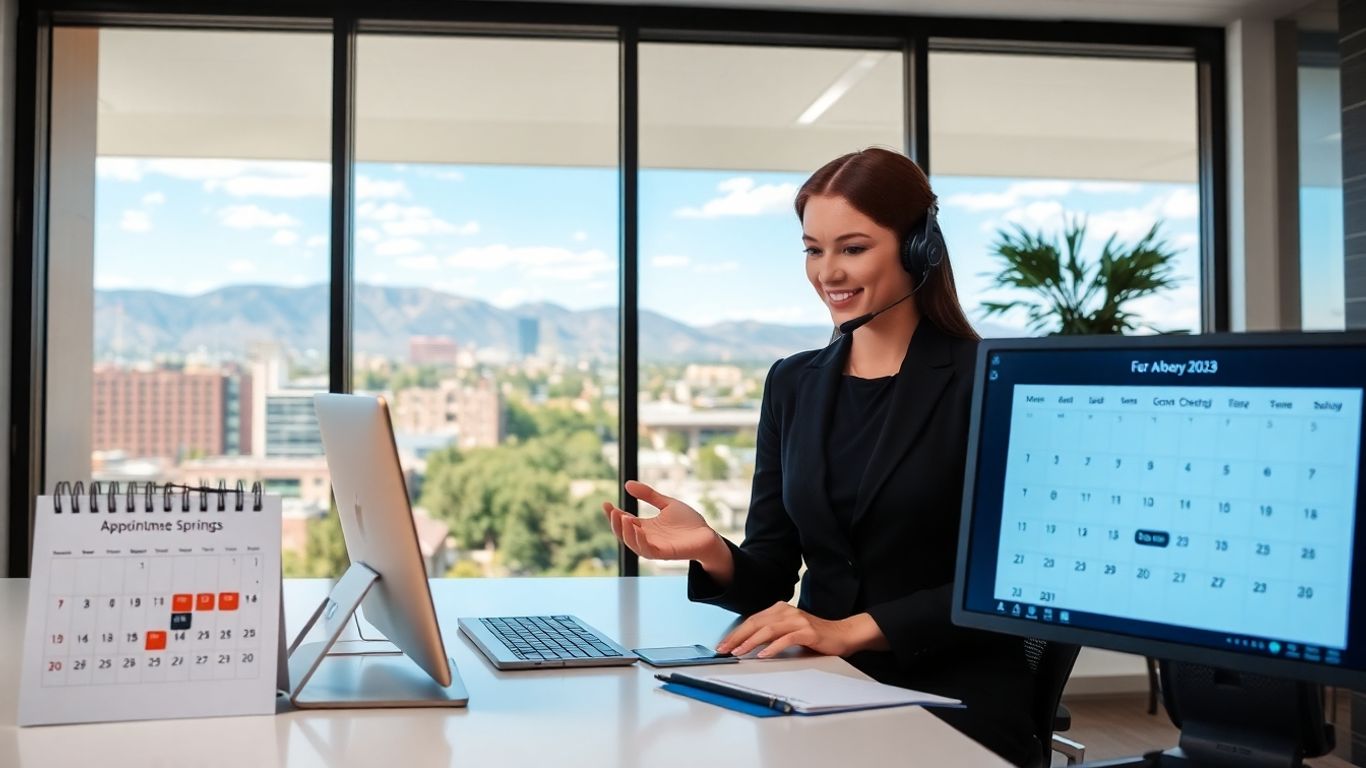 Virtual receptionist scheduling appointments in modern Colorado Springs office.
