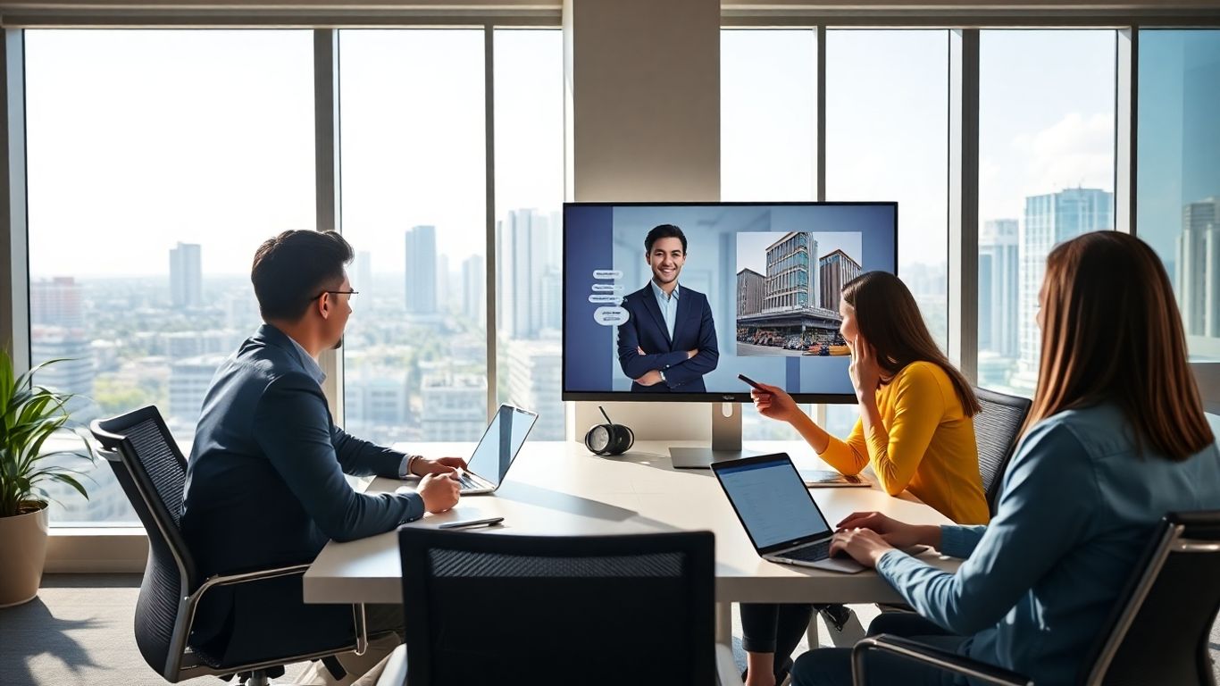 Virtual receptionist greets diverse Miami business team on computer.