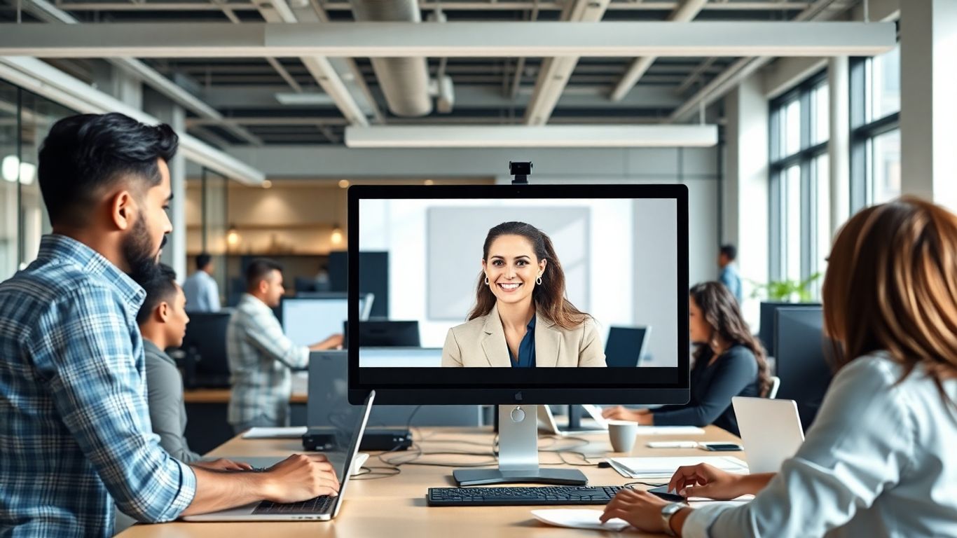 Virtual receptionist on screen in busy New York office