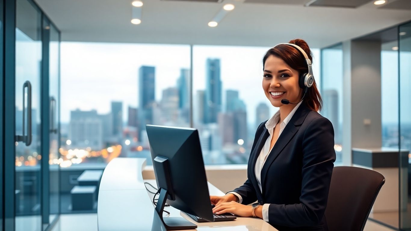 Receptionist with headset in Dallas office environment