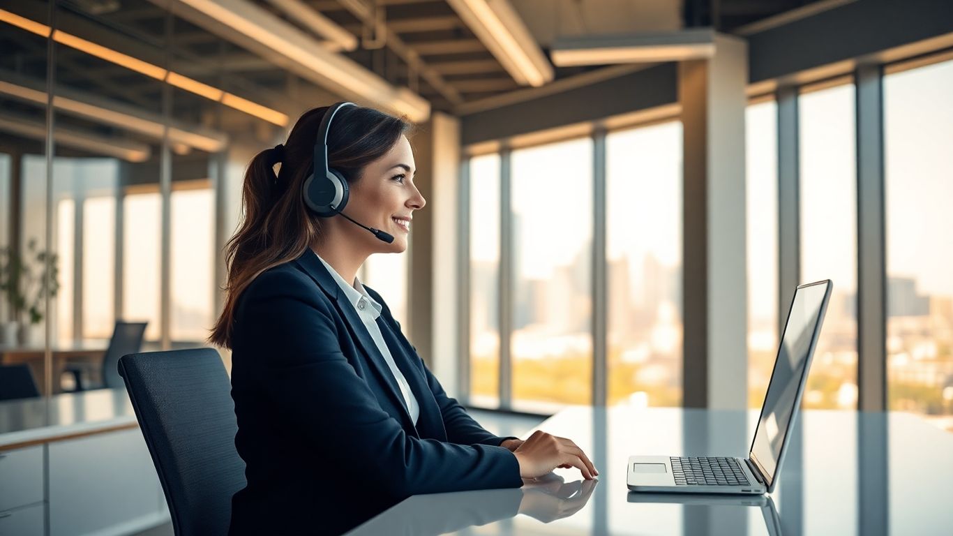 Professional receptionist on phone with Houston skyline background