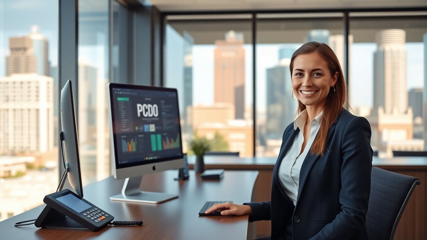 Professional receptionist at desk with Houston skyline view