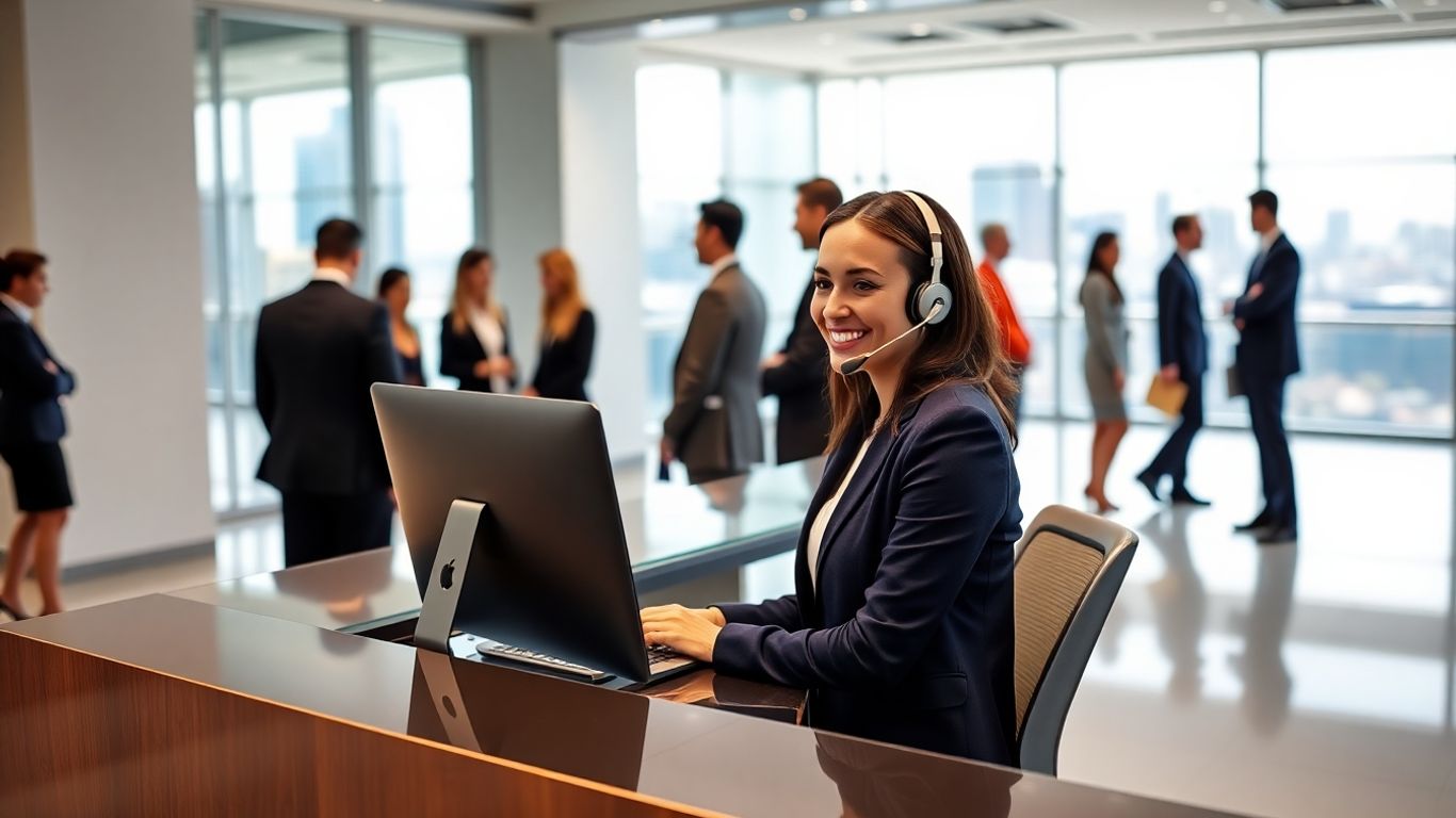 Professional receptionist answering call in Houston office