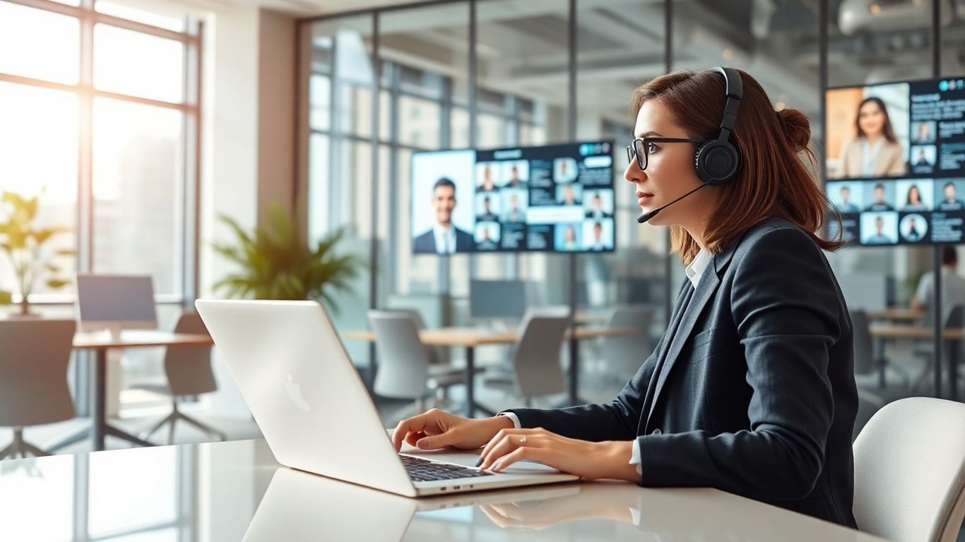 Professional using headset with digital office background