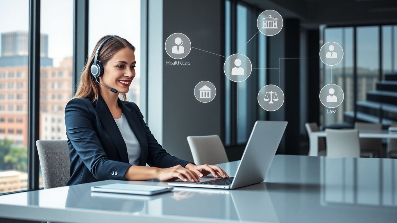 Receptionist with headset in modern Columbus office