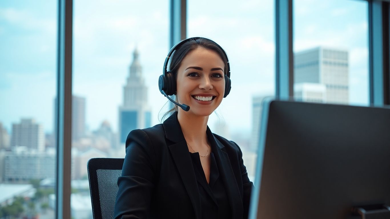 Businesswoman in Columbus office with virtual receptionist technology