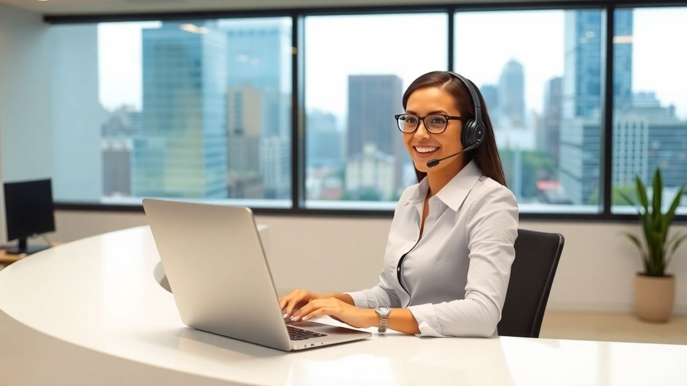 Virtual receptionist in modern office with Philadelphia skyline