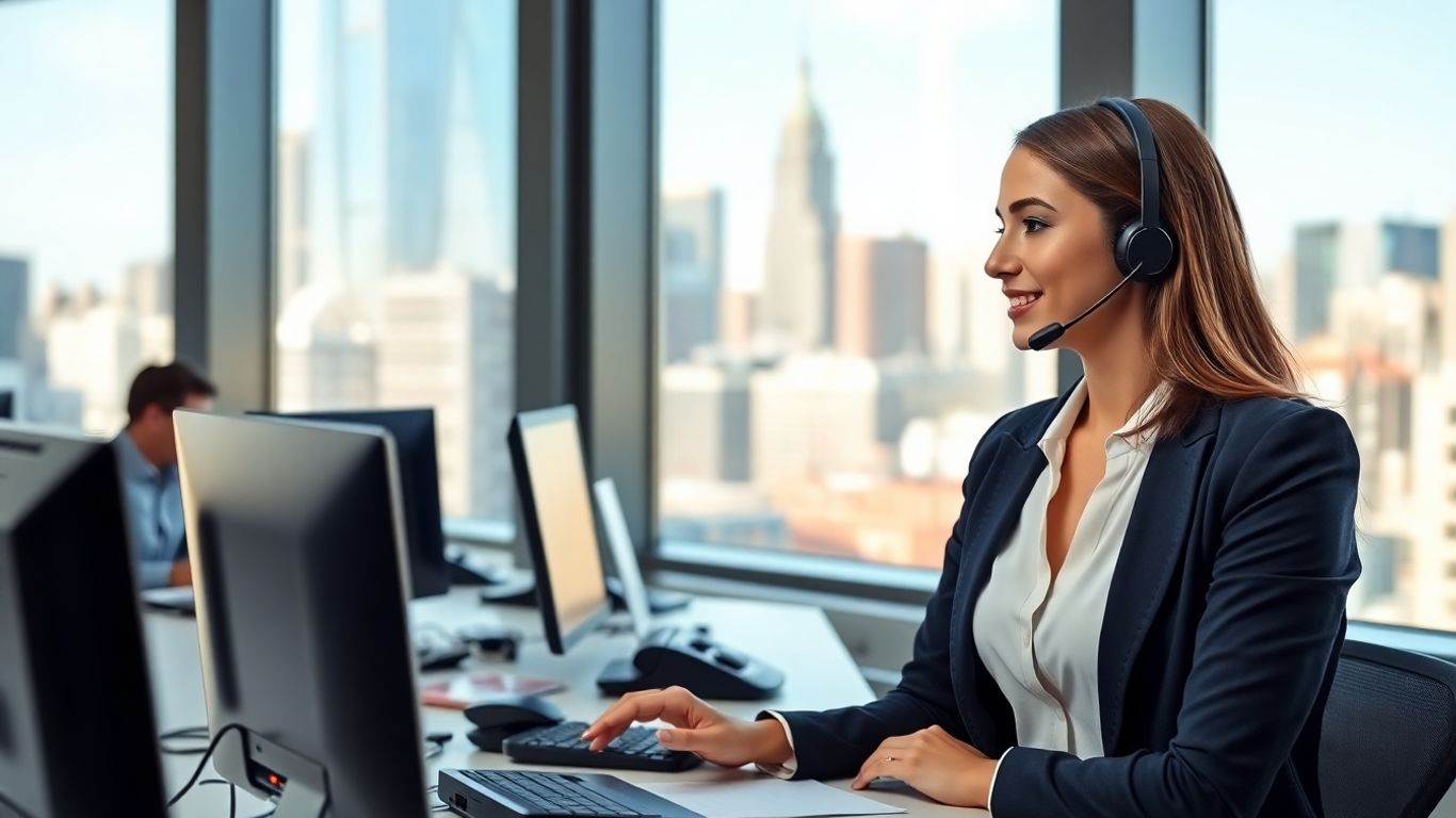 Virtual receptionist in Philadelphia office with city skyline