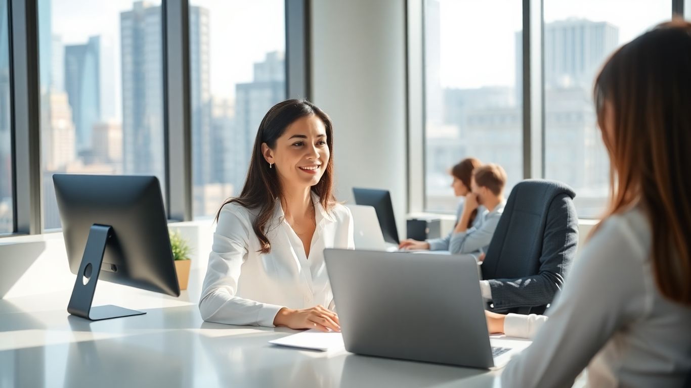 Virtual receptionist answering call in modern Philadelphia office