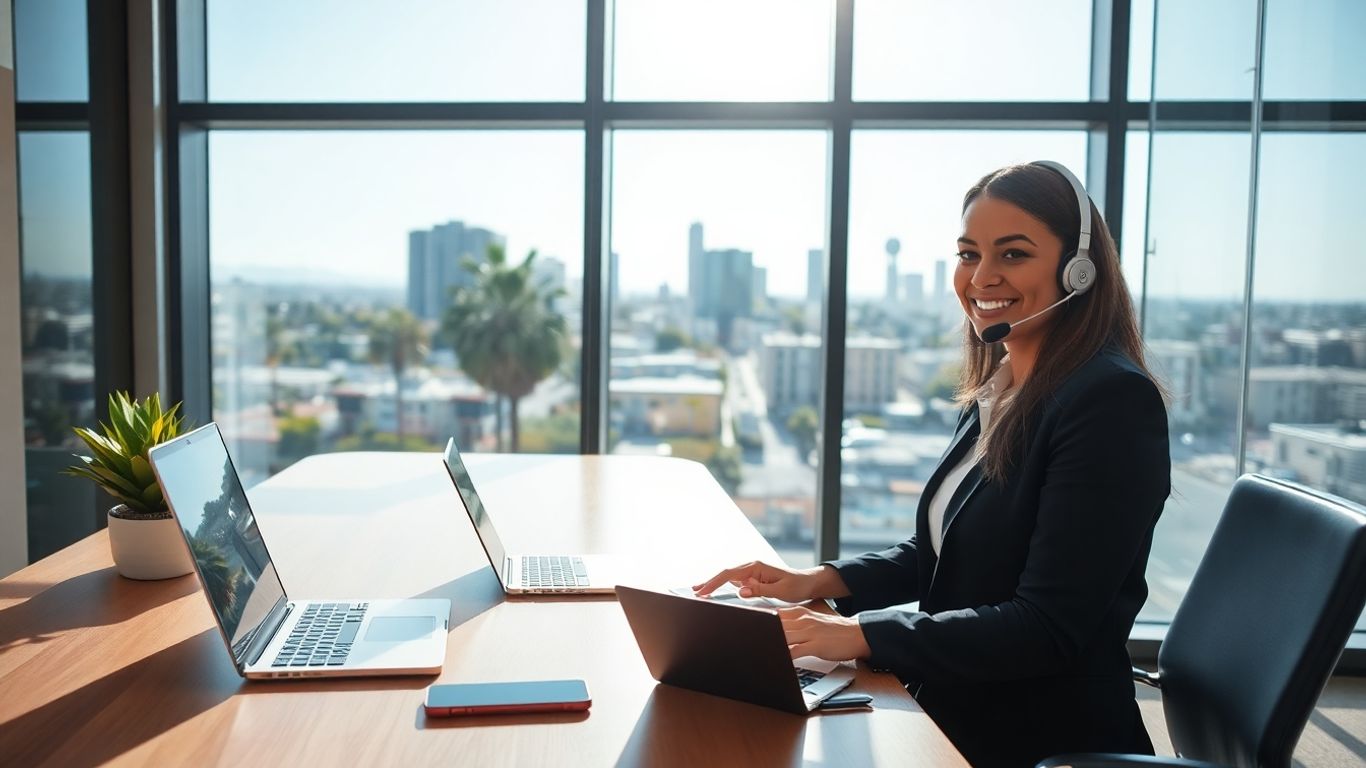 Smiling receptionist with headset in San Diego office