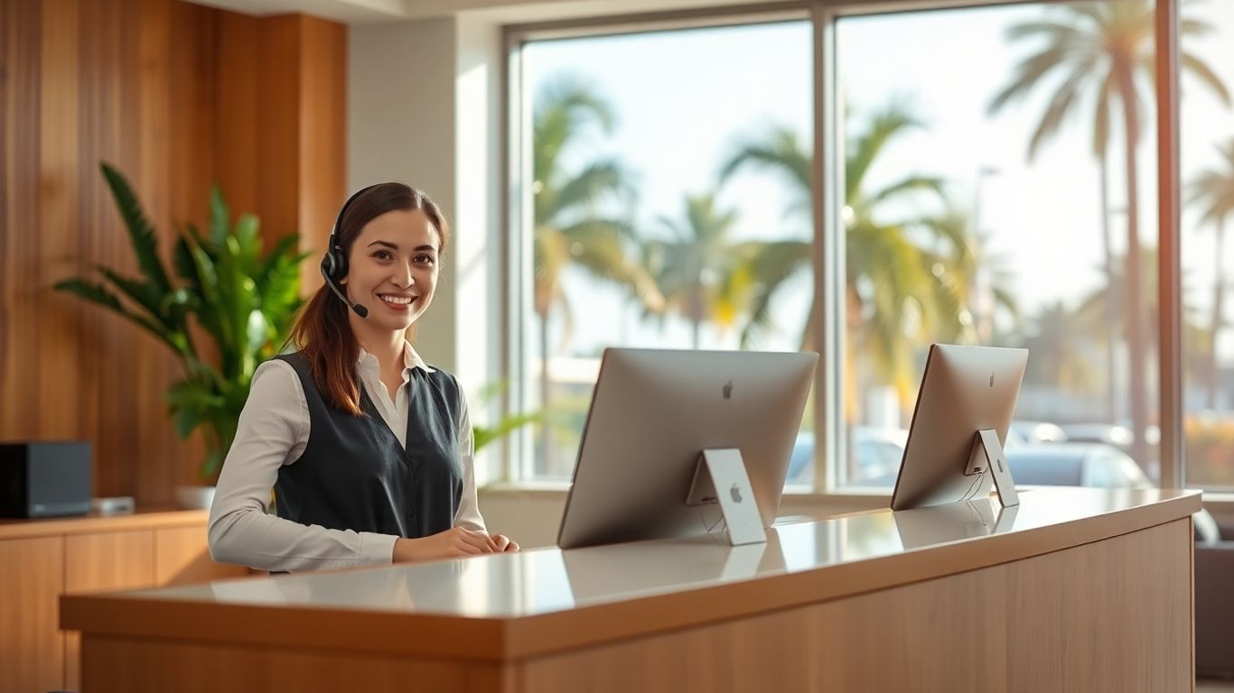 Virtual receptionist in San Diego office with palm trees