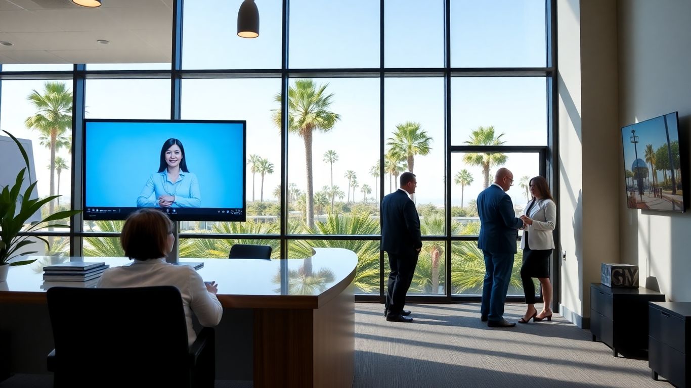 Virtual receptionist in San Diego office lobby scene