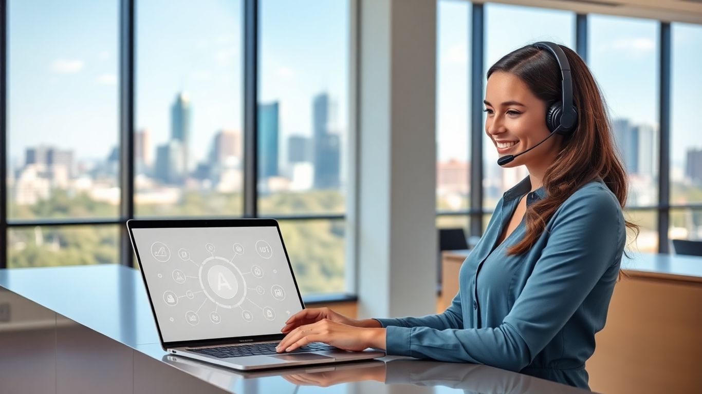 Austin receptionist using laptop with AI interface graphics