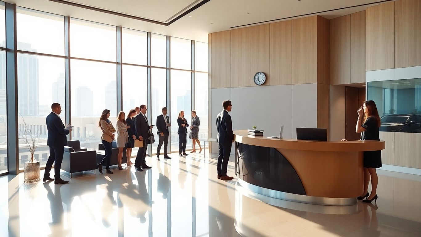 Professional receptionist greeting clients in a modern Los Angeles office