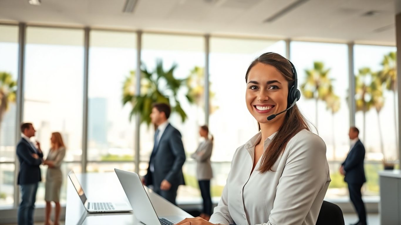 Los Angeles receptionist greeting clients at office desk