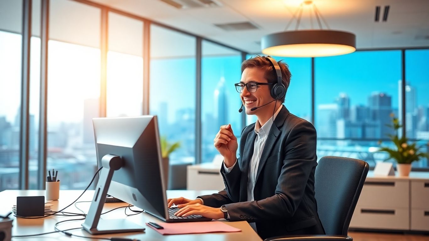 Virtual receptionist interacting with client in modern San Jose office.