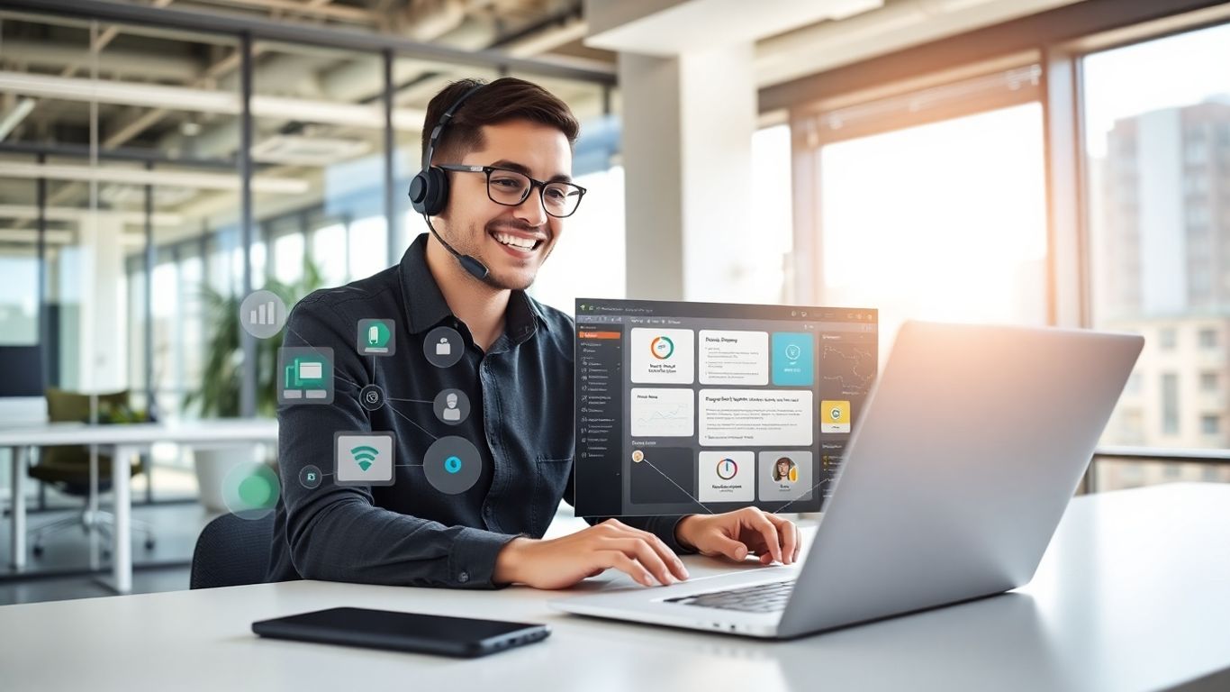 Virtual receptionist using headset and CRM tools in office