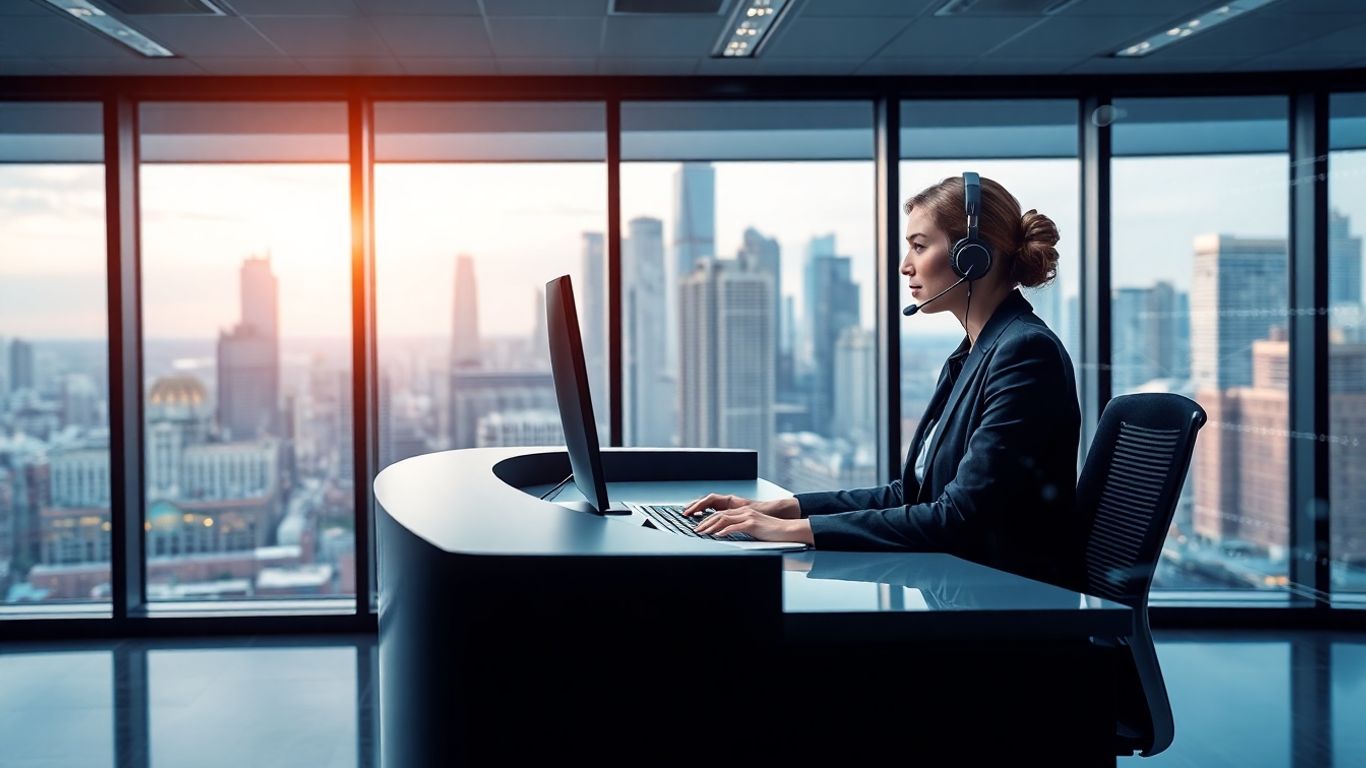 Virtual receptionist in Chicago office with city background