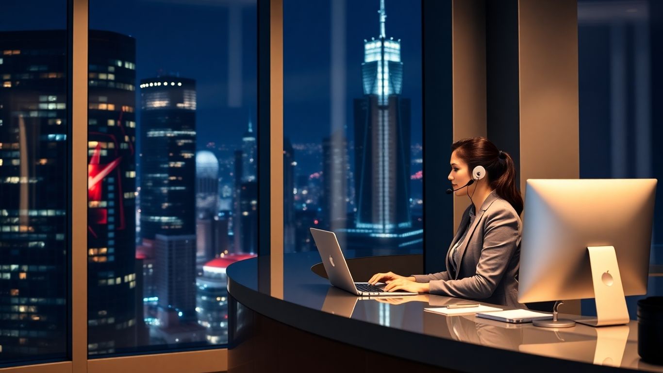 Receptionist answers call in Chicago office at night