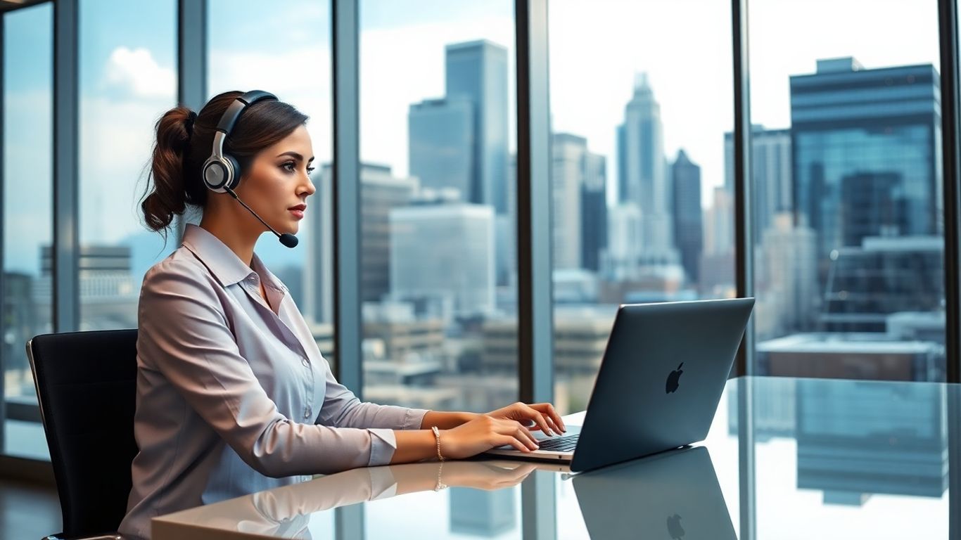 Receptionist with headset in Chicago office with skyline