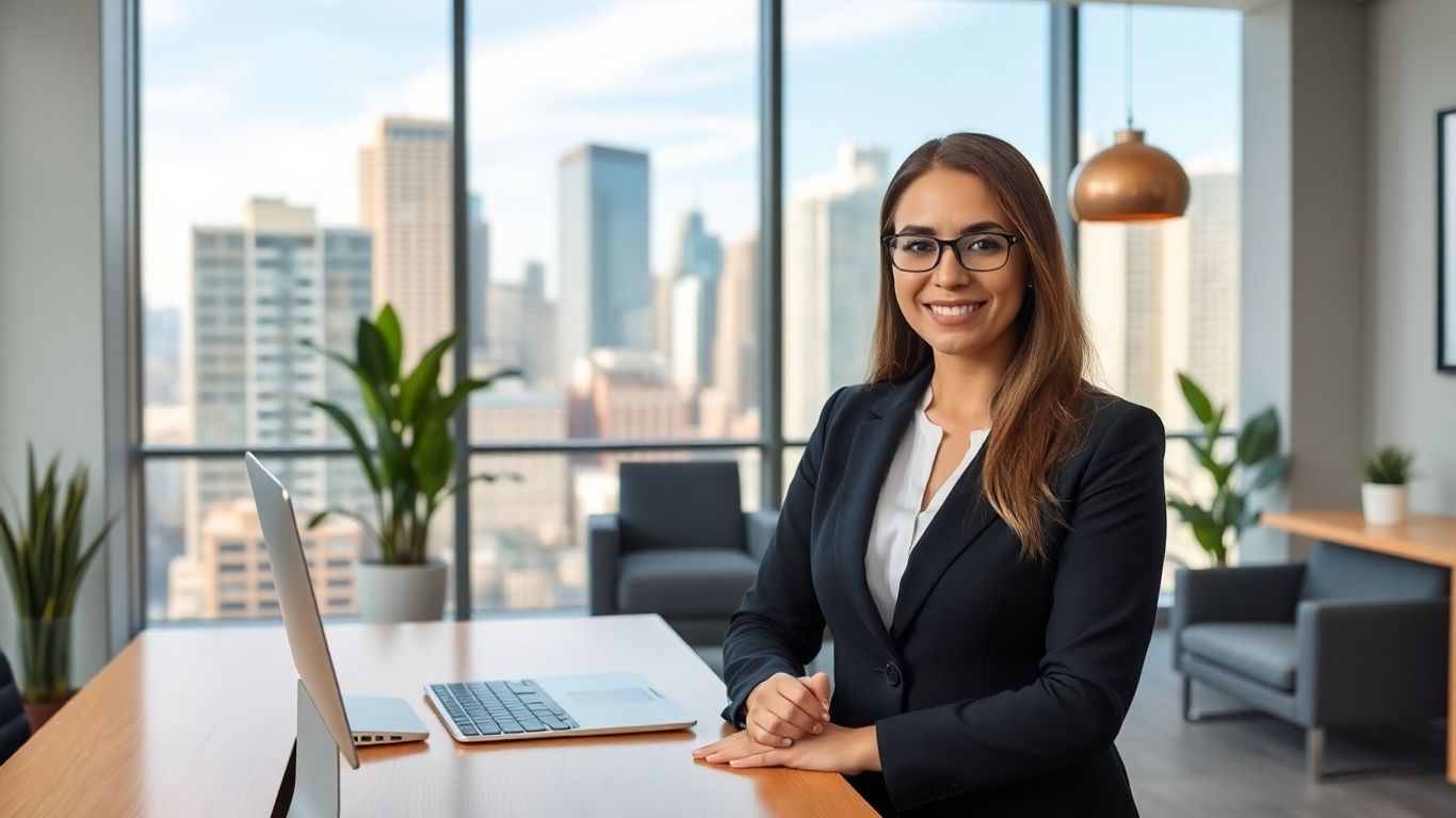 Virtual receptionist in Chicago office with city skyline