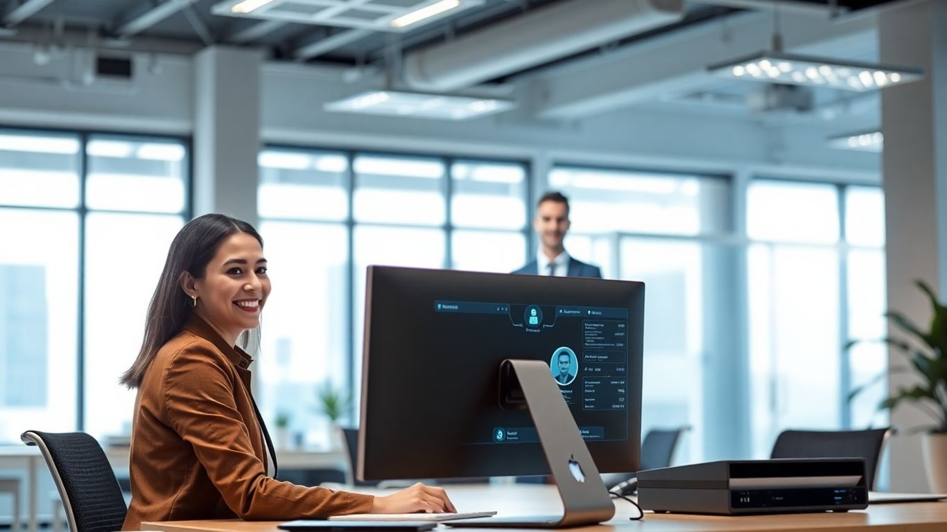 Businessperson using AI receptionist in a modern office