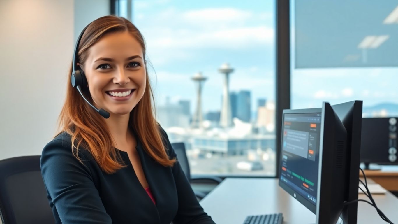 Virtual receptionist in Seattle office with city skyline