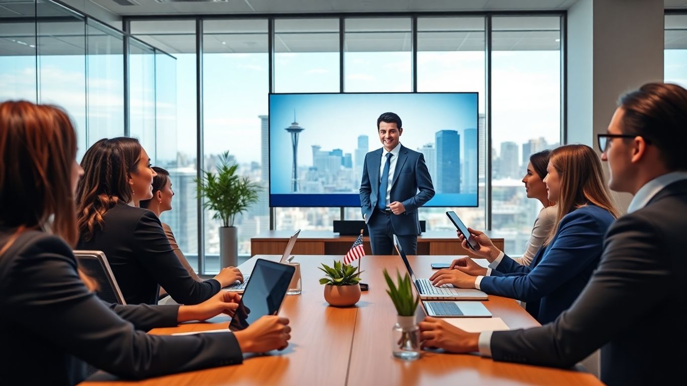 Seattle office with virtual receptionist on video call