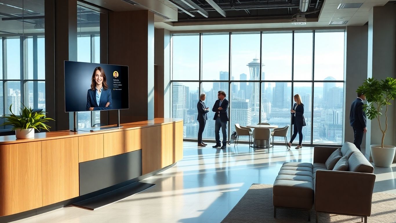 Virtual receptionist in modern Seattle office lobby
