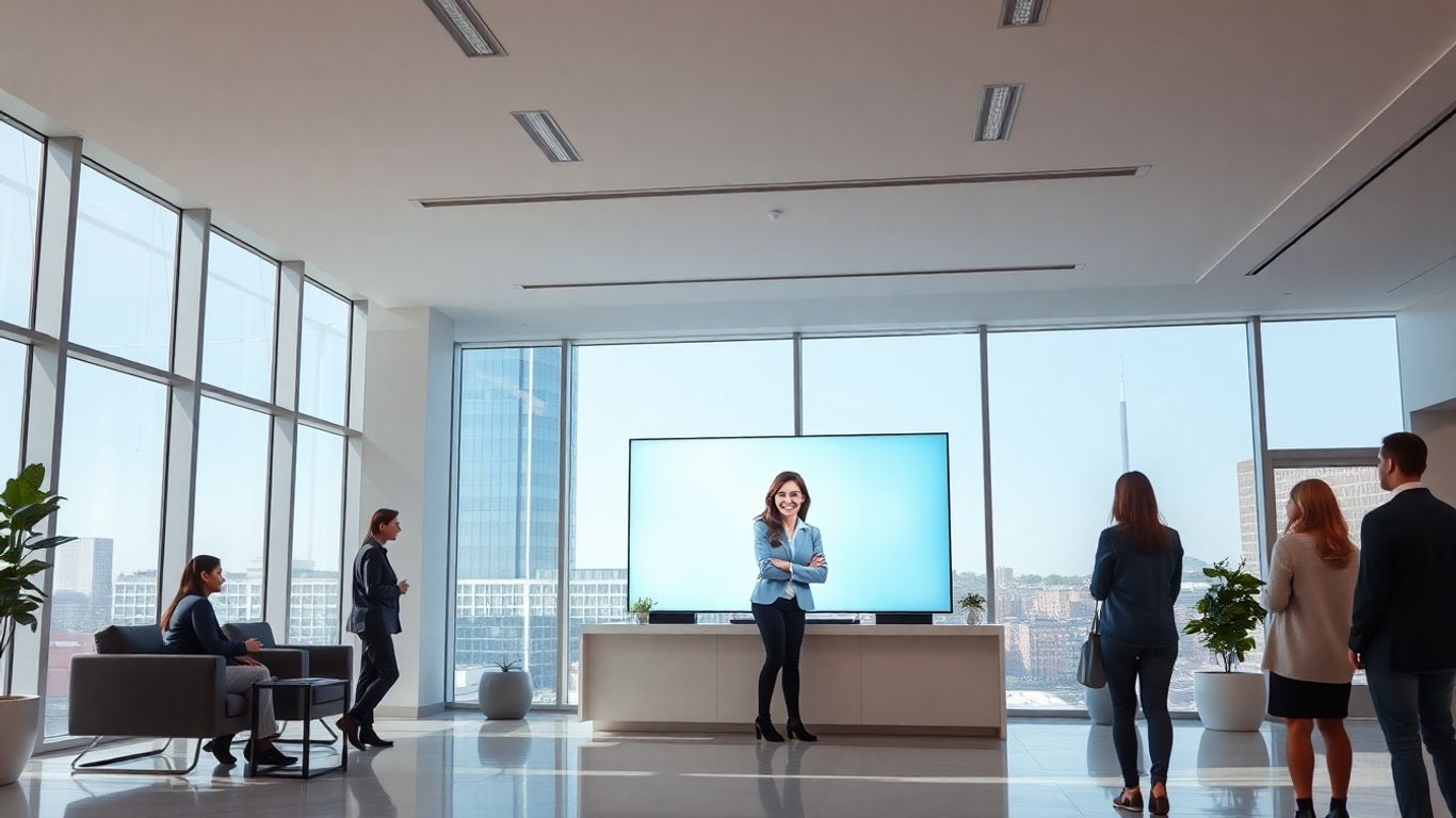 Virtual receptionist greeting in modern Charlotte office lobby