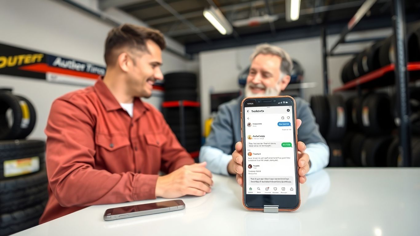 Tire dealer with phone and customer in shop