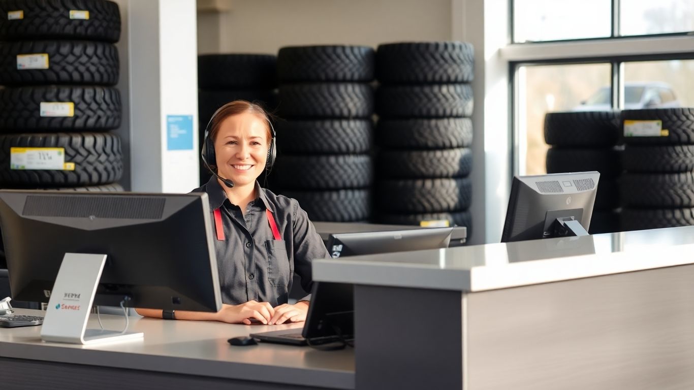 Tire dealer staff answering phone with tires in background.