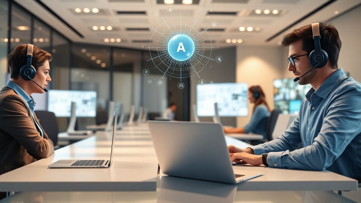 Office with AI hologram and professionals using headsets