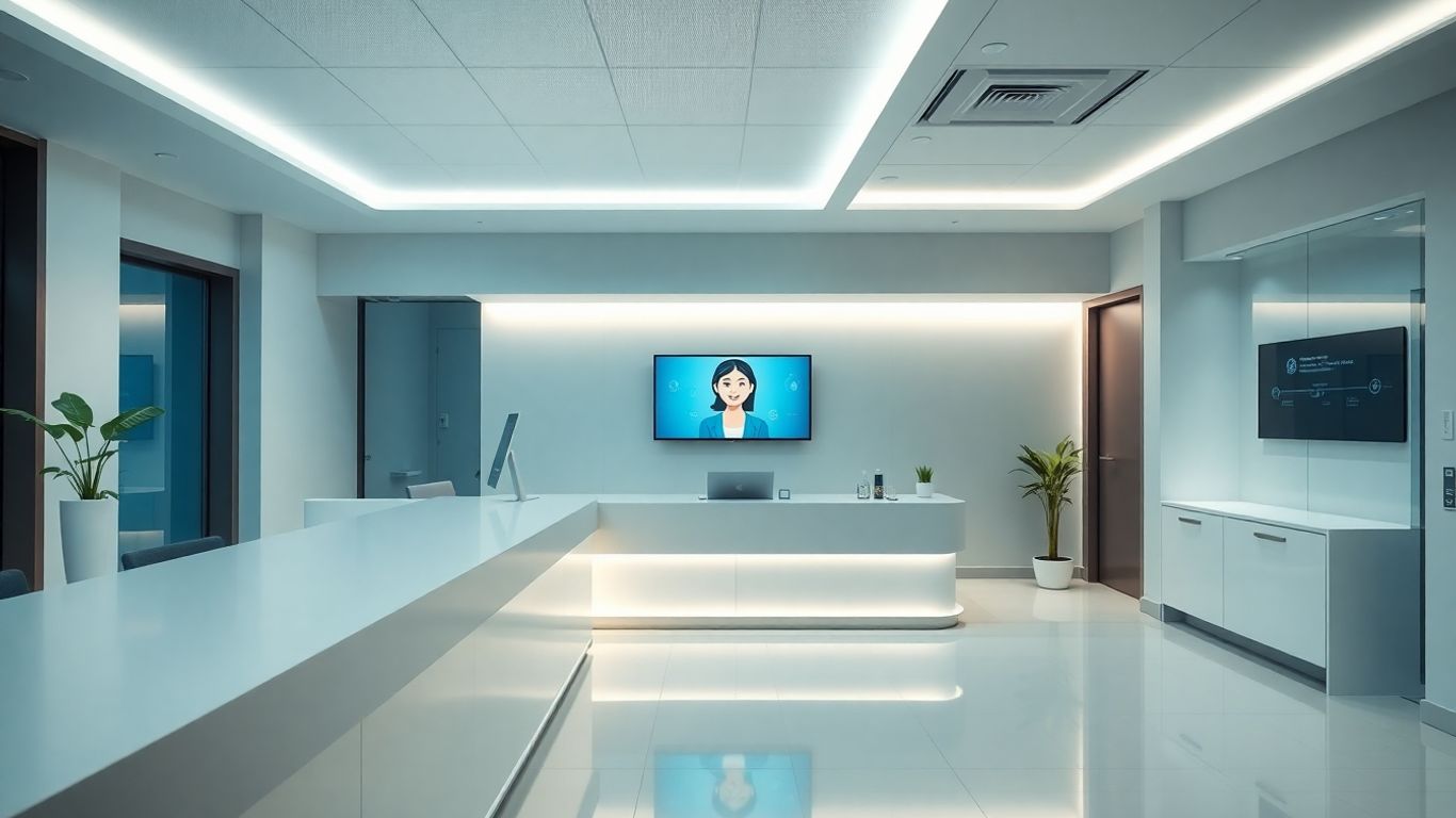 AI dental receptionist interface in a modern clinic.