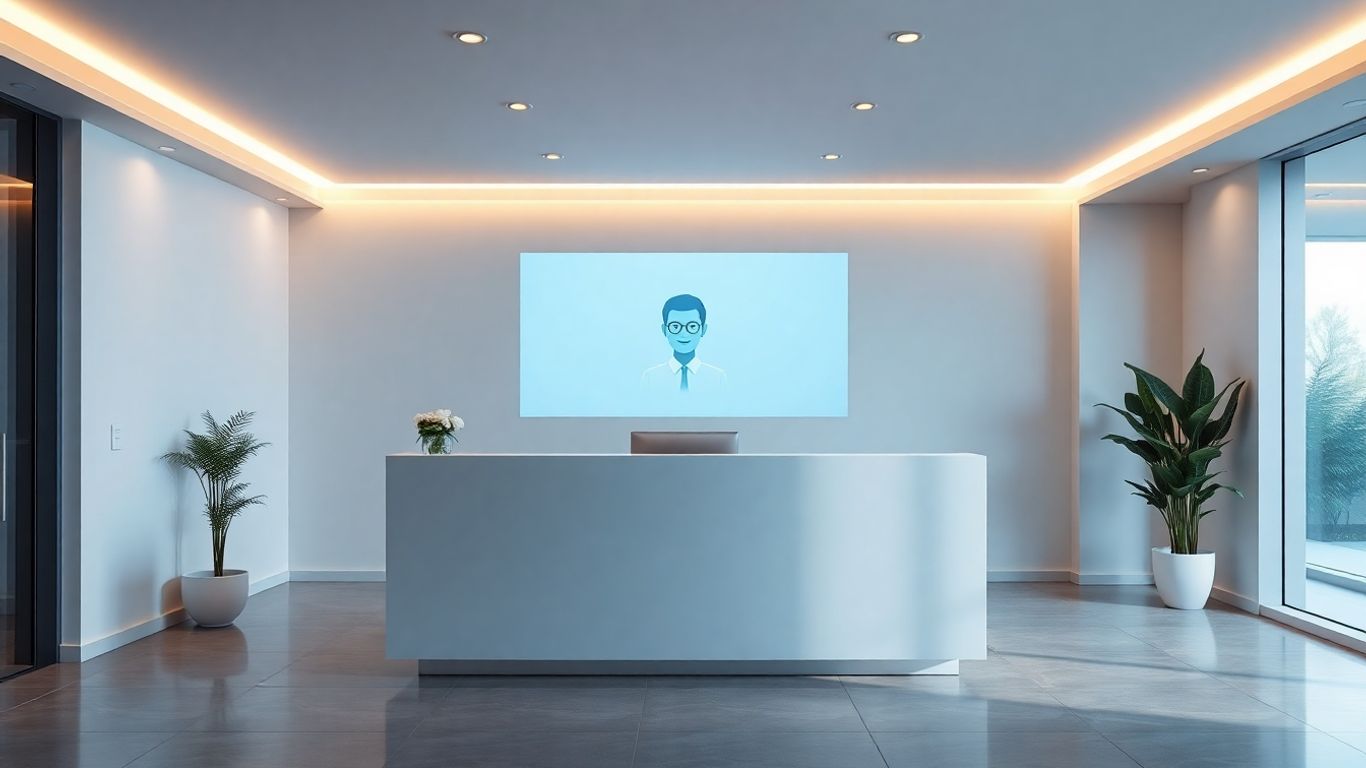 AI virtual receptionist avatar at a modern desk.