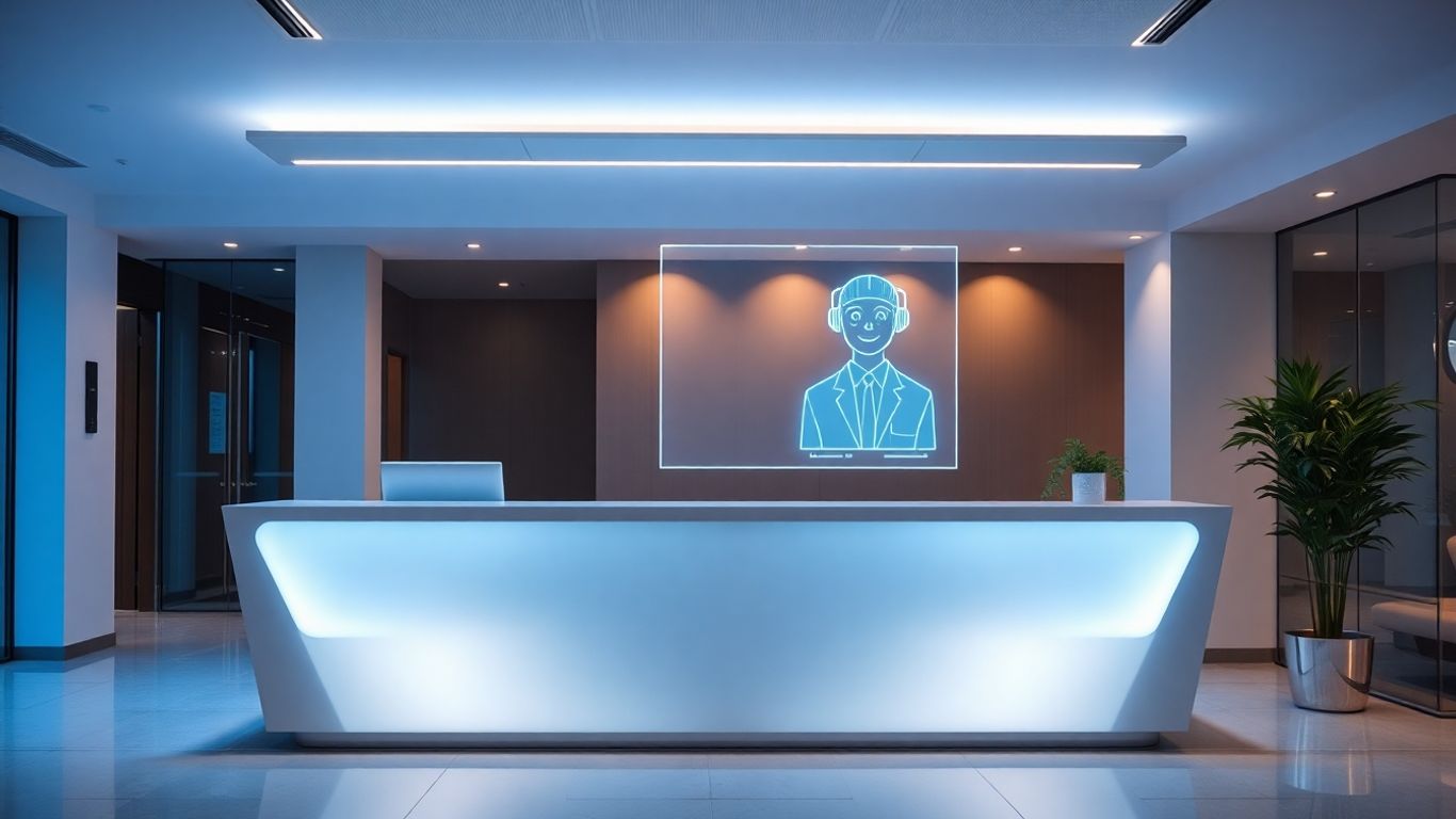 AI virtual receptionist at a modern office desk.