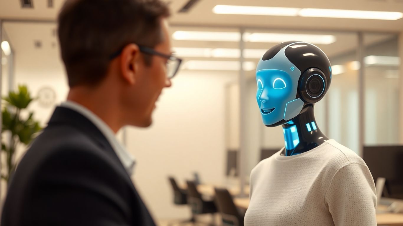 AI receptionist assisting a customer in an office.