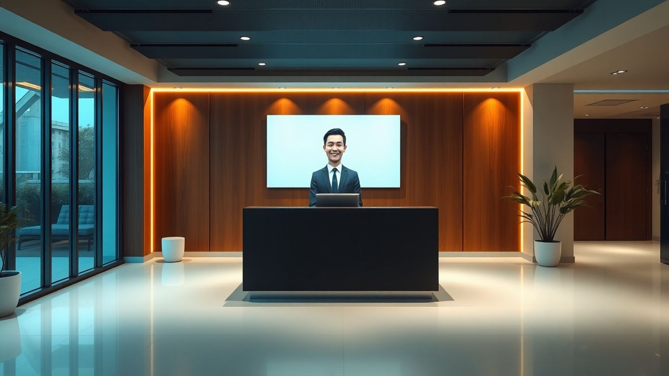 AI virtual receptionist in a modern office setting.