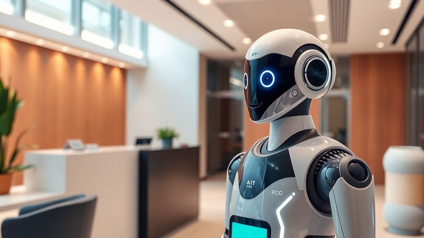 AI receptionist assisting a client in a modern office.