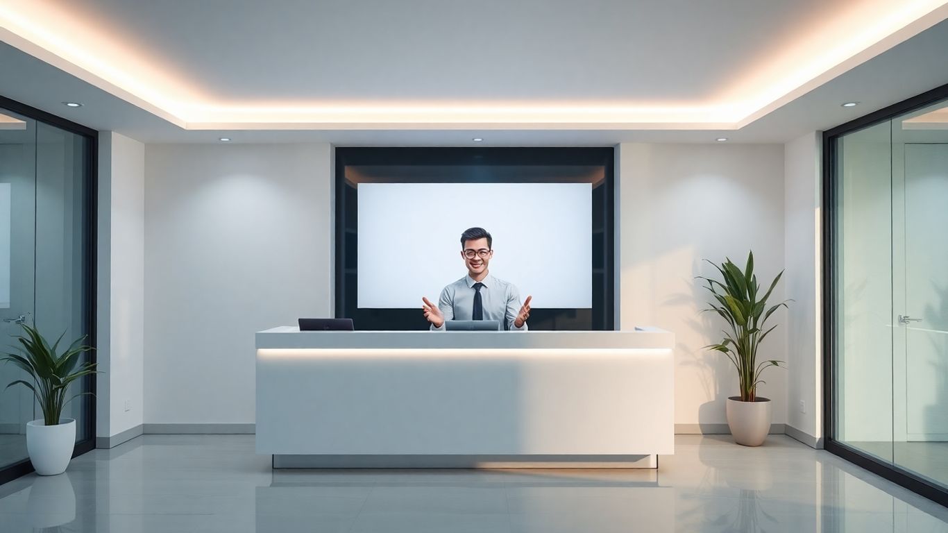 AI receptionist assisting a client at a desk.