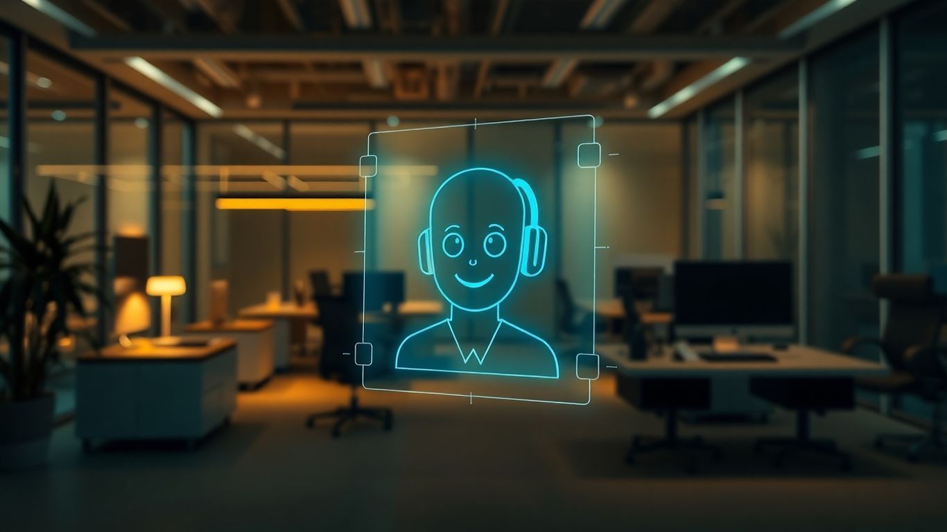 AI voice receptionist interface in a modern office.