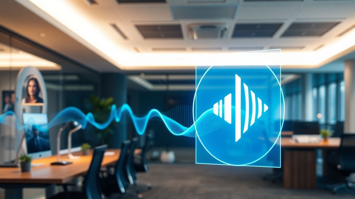 AI voice receptionist interface in a modern office.
