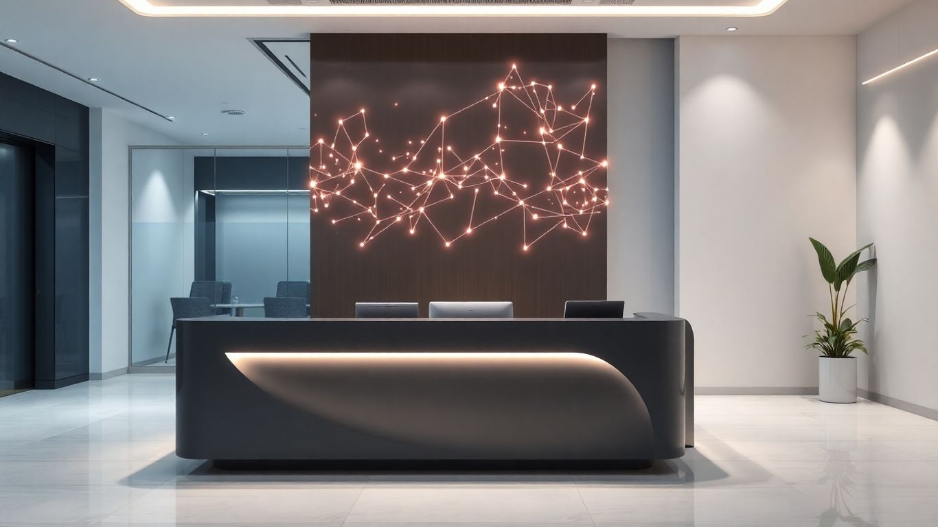 AI receptionist interface at a modern office desk.